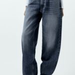 Women Mid Rise Balloon Jeans Dark Blue Washed Jeans -